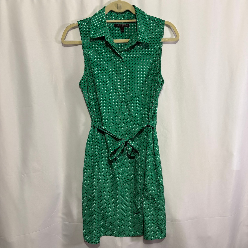 Banana Republic Green Geometric Polka Dot Sleeveless Belted Shirt Dress Size 4